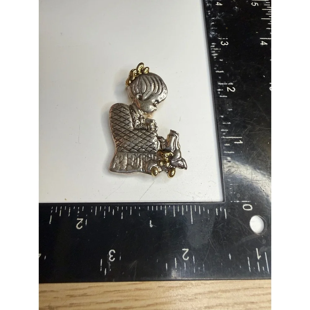 Vintage Precious Moments Girl with Cat Brooch Pendant Two Tone Silver Gold Pin